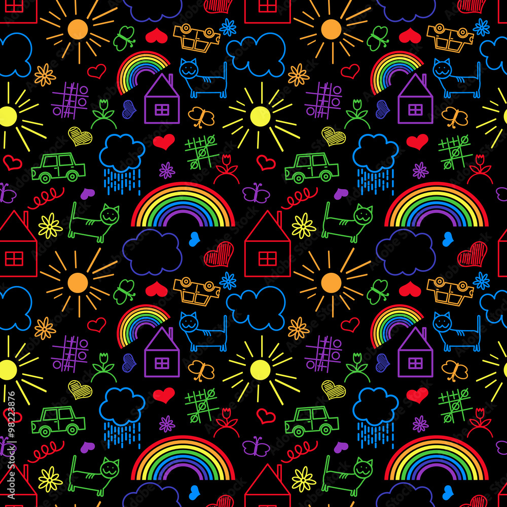 Seamless pattern, drawn in a childlike style. Seamless pattern, drawn in a childlike style.