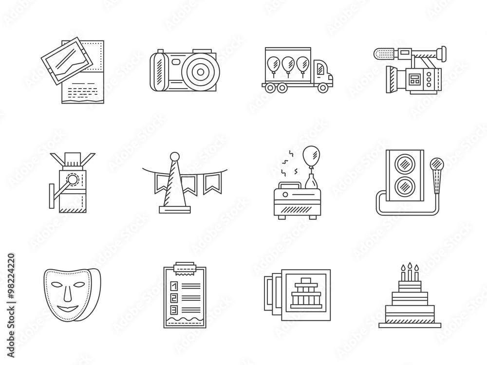 Black flat line party icons vector collection Black flat line party icons vector collection