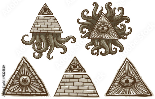 Vector Set of Masonic symbols. Cartoon image of a set of gray Masonic symbols with the pyramids, eyes and tentacles on a light background.