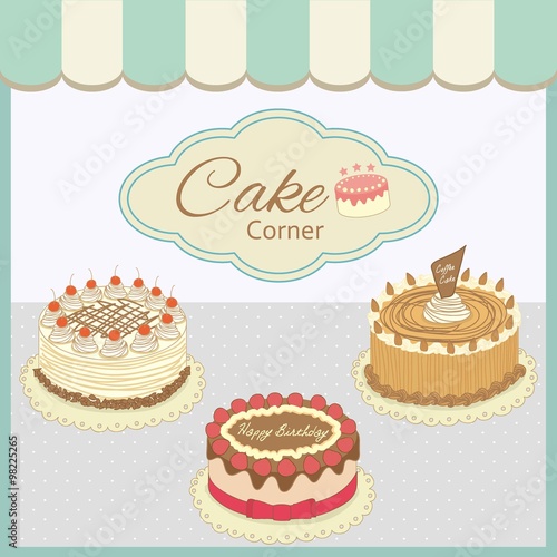 Vector drawing bakery cafe.The cakes show on shop window and decorate with awning.Vintage theme and pastel color tone.