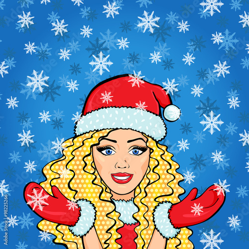 Happy smiling Snow Maiden in snow, vector pop art comic style blonde woman in red snow maiden costume