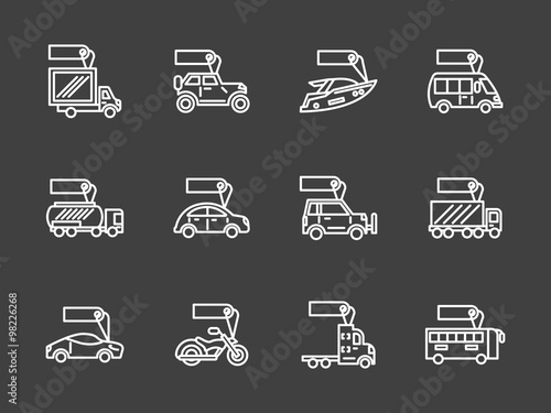 Sale of transport white line icons set 