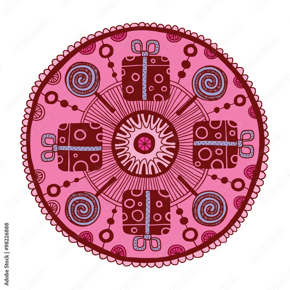 Vector Ethnic doodle colored round pattern with gifts. Ethnic retro doodle colored round pattern with gifts on a white background.