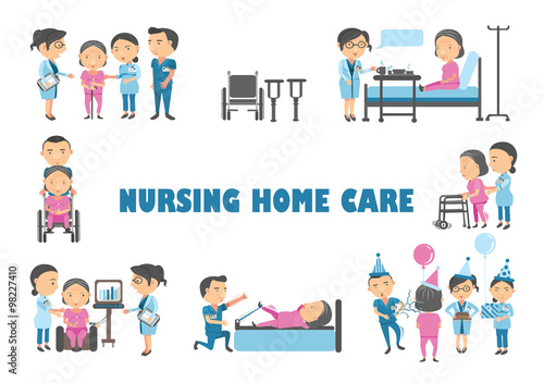 Center for Seniors Staff are caring for an elderly woman in a nursing home vector illustration.