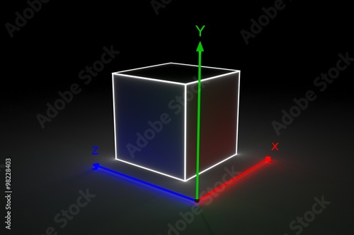 3d/box with coordinate system shows a three-dimensional image neon glow photo