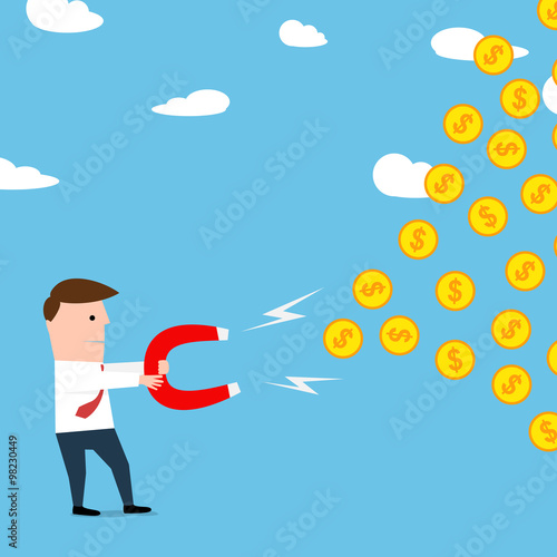 Man with magnet attracting coins