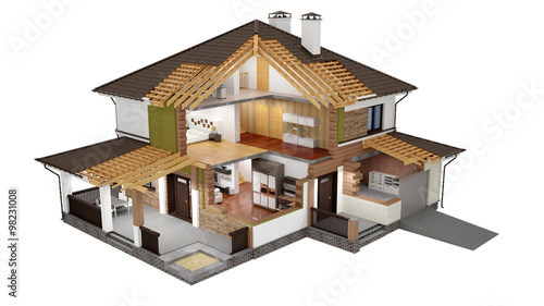 Tablou pe pânză A conceptual image of a modern cottage with furniture, three-dimensional models