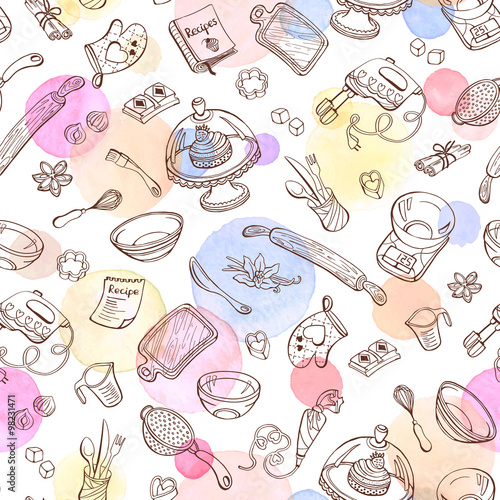 Baking doodle background. Vector seamless pattern with kitchen tools. Hand drawn baking utensils. Cooking tools with watercolor spots on background.