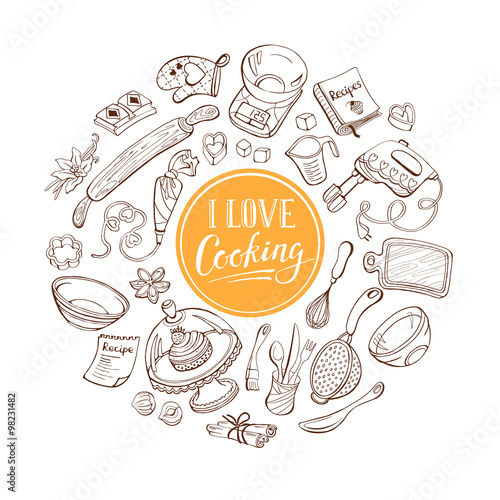 I love cooking poster concept.  Baking tools in heart shape. Poster with hand drawn kitchen utencils.