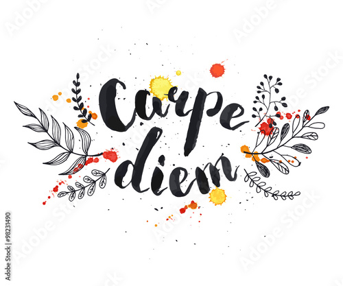 Hand written latin quote. Carpe diem. Modern calligraphy. Ink phase with watercolor splashes and floral elements isolated on white background. Lettering design for T-shirts and greeting cards.