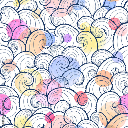 Marine background. Sea waves .seamless pattern. Nautical cartoon background. Abstract swirls with watercolor background.