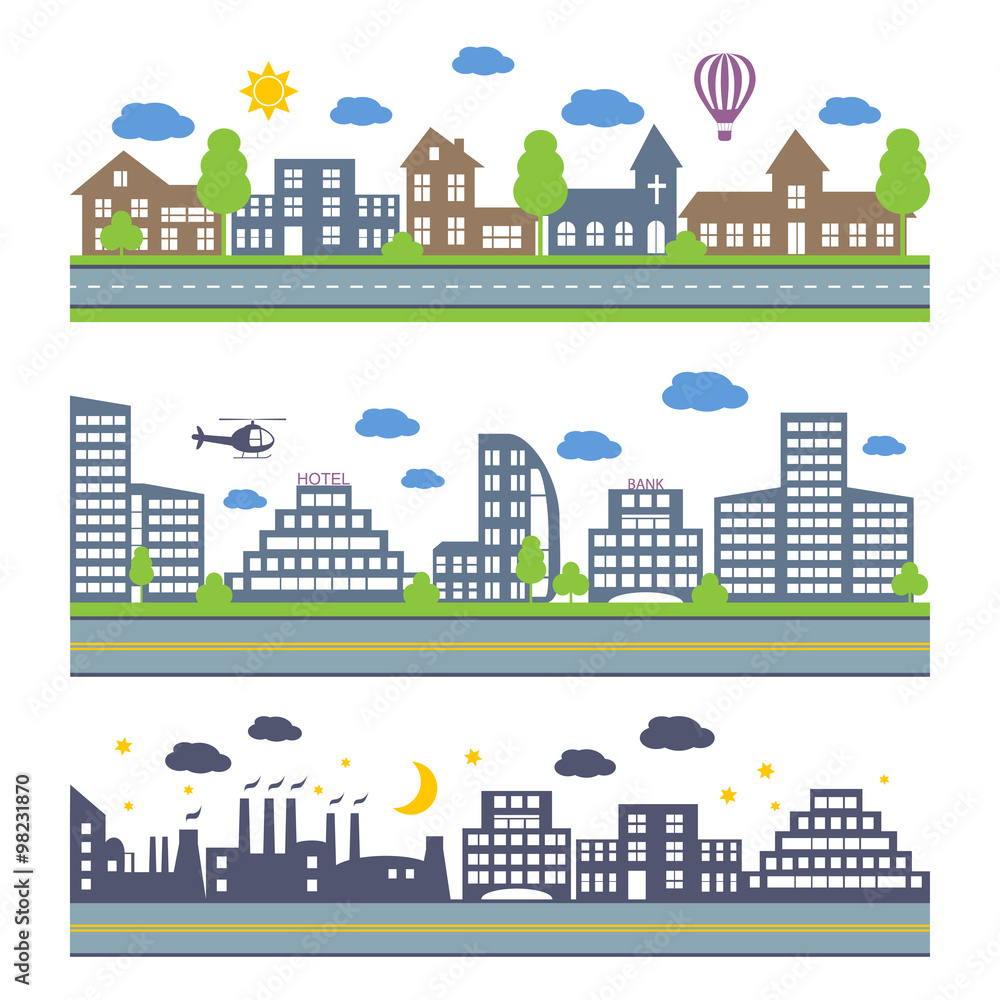 City Skylines vector icons set. 