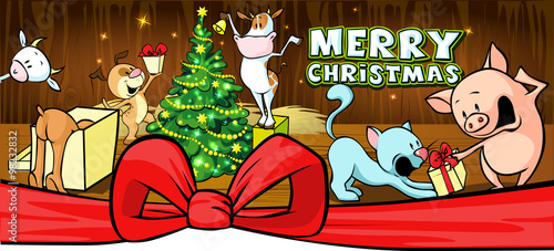 farm animals celebrate Christmas - vector illustration banner