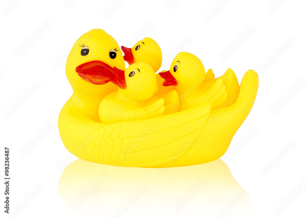 Fototapeta premium Image of yellow mother duck rubber and ducklings rubber isolated