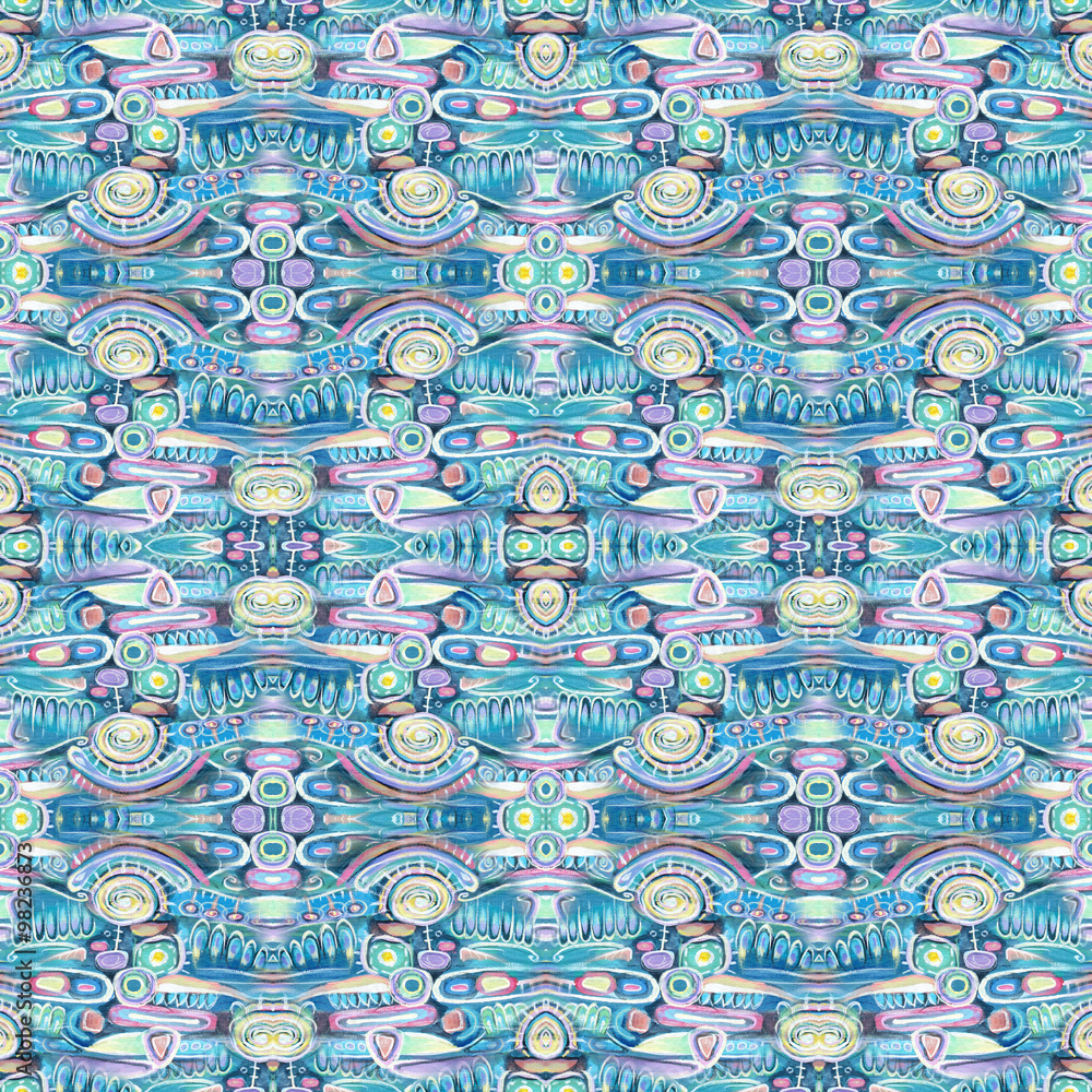 Seamless pattern. Abstract acrylic painting. Colorfull kaleidoscopic composition. Aztec, maya, incas pattern.