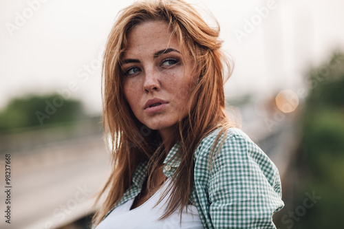 closeup head and shoulders portrait of woman
