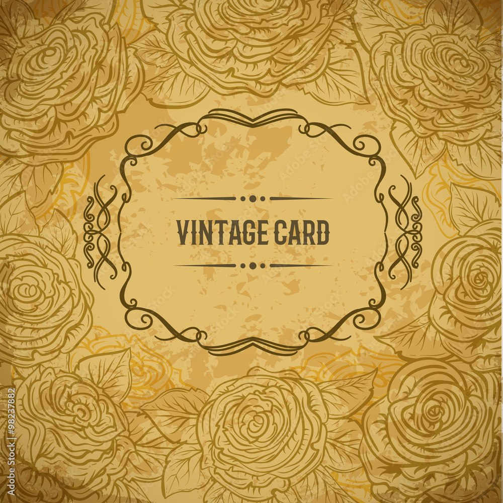 Vintage design cover card with roses and leaves on aged paper background. Retro hand drawn vector illustration. Isolated elements. Mother's day, wedding invitation, save the date, birthday