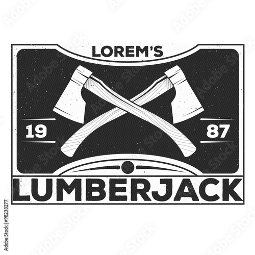 Vintage lumberjack label, emblem and design elements. Two axes with text. Forestry logo label for different projects, cards, invitations. Lumberjack monochrome illustration about timber and wood.