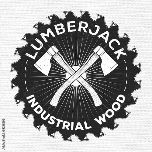 Vintage lumberjack label, emblem and design elements. Two axes with text. Forestry logo label for different projects, cards, invitations. Lumberjack monochrome illustration about timber and wood.