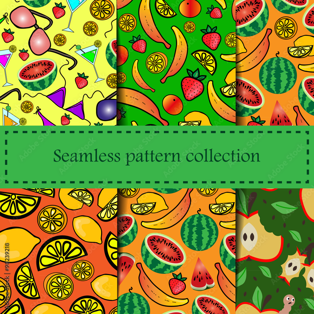 Set fruits vector pattern. Checkered seamless background