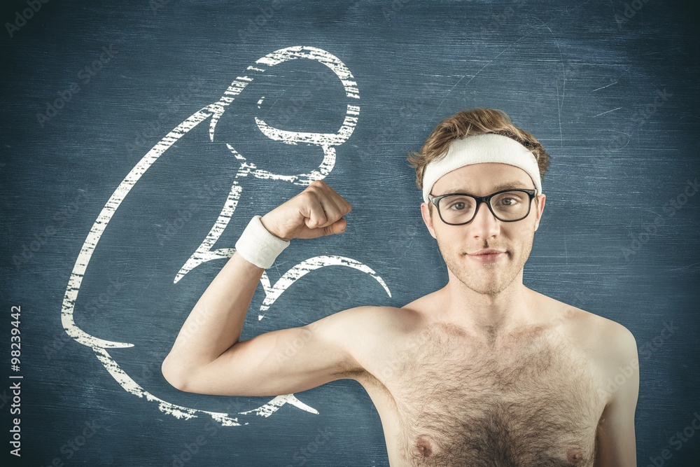 Composite image of geeky shirtless hipster flexing bicep