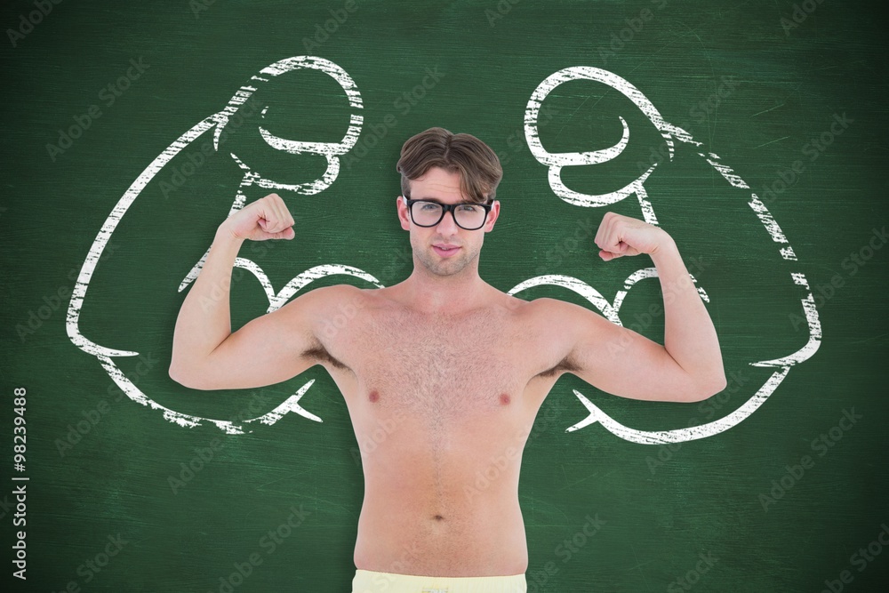Composite image of geeky hipster posing topless