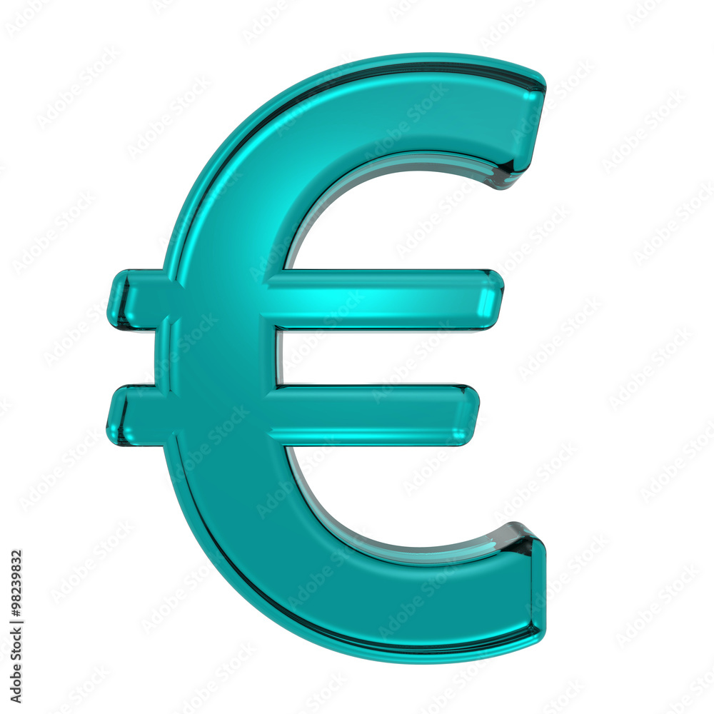 Fototapeta premium Euro sign from turquoise alphabet set, isolated on white. Computer generated 3D photo rendering.