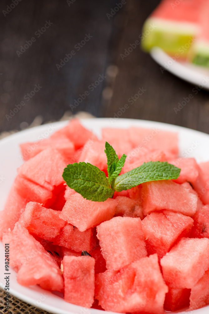 watermelon slices cut on the plate with mint watermelon slices cut on the plate with mint