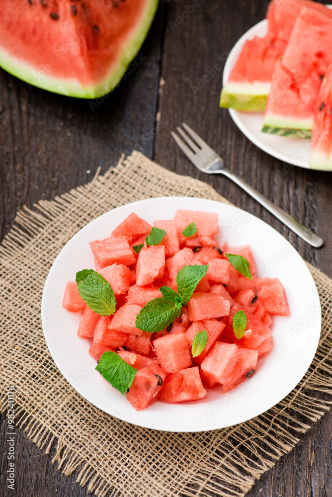 watermelon slices cut on the plate with mint watermelon slices cut on the plate with mint