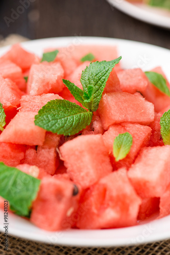watermelon slices cut on the plate with mint