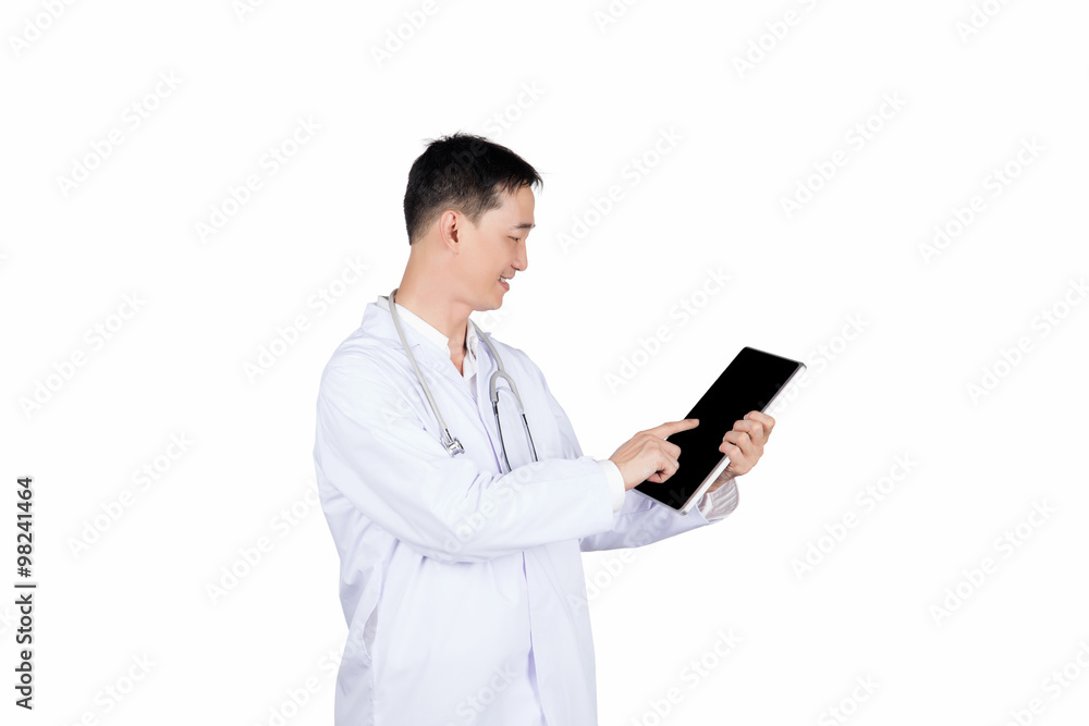 asian male doctor using tablet computer writing in a medical record chart after medical treatment of patient, isolated on white asian male doctor using tablet computer writing in a medical record chart after medical treatment of patient, isolated on white