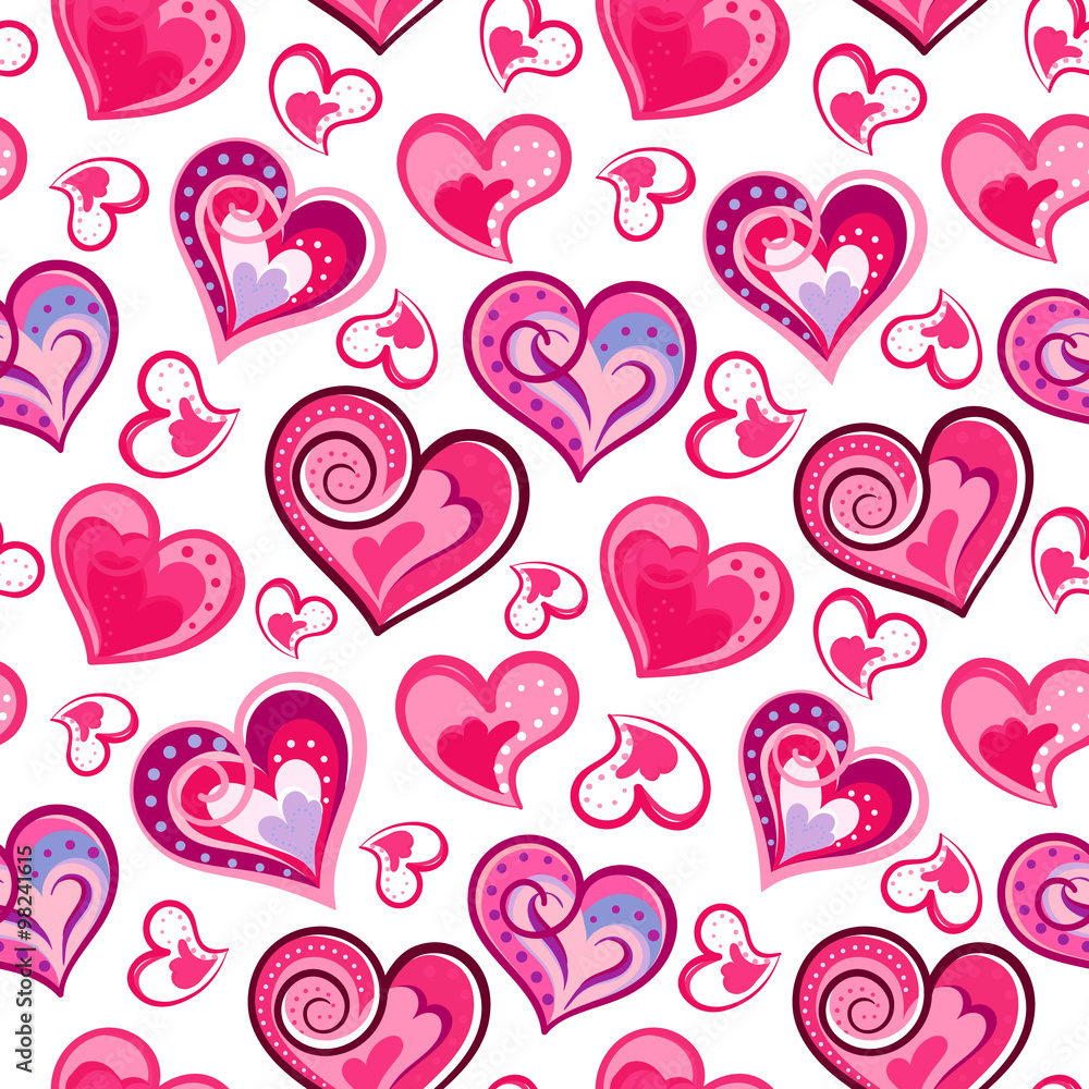 Romantic seamless pattern with colorful hand draw hearts.  Pink hearts on white background. Vector illustration