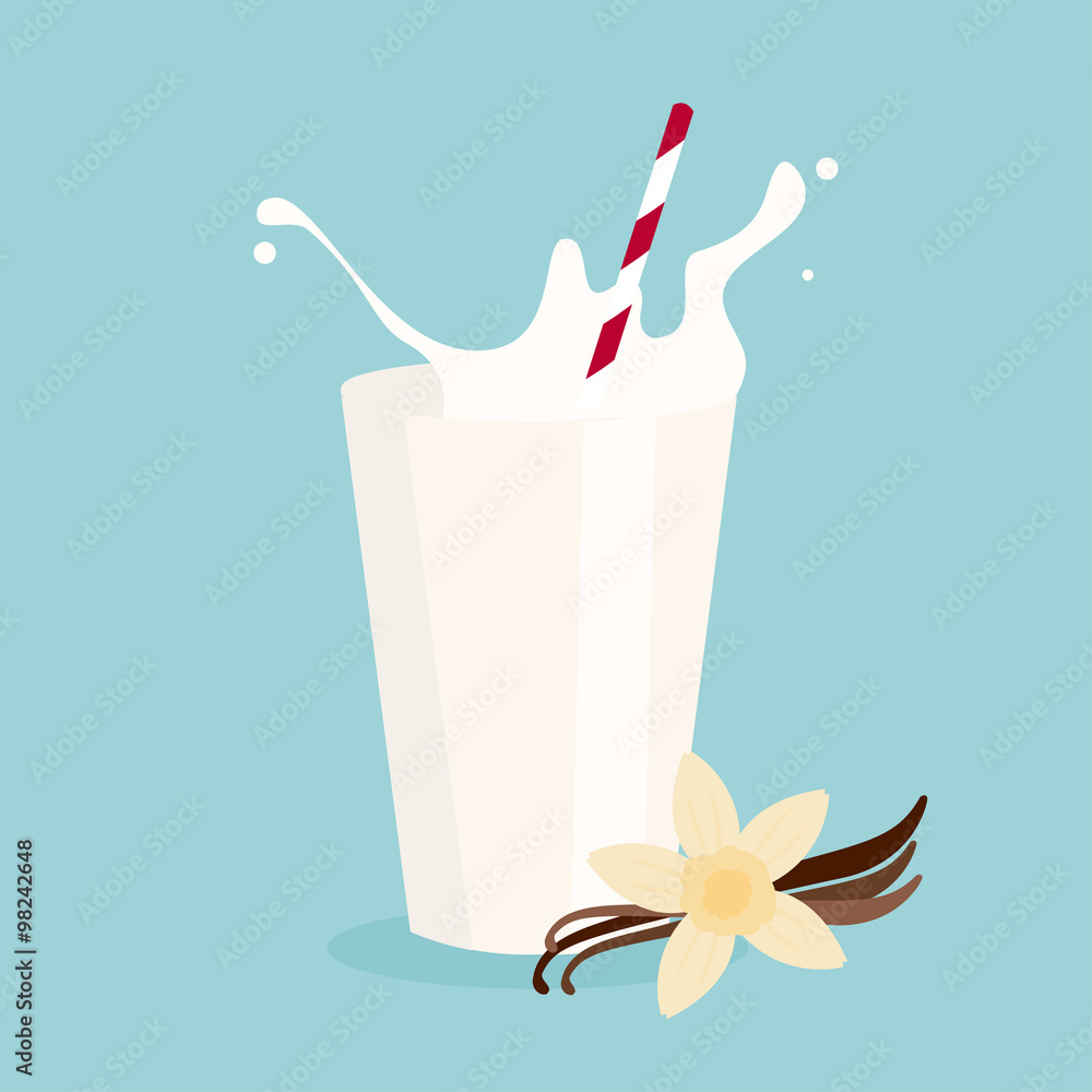Glass of milk with tube and vanilla vector illustration Glass of milk with tube and vanilla vector illustration