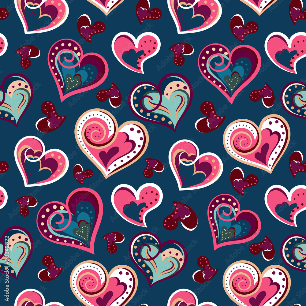 Naklejka premium Hand drawn doodle seamless pattern of hearts. Colofrul hearts on colored background. Vector illustration