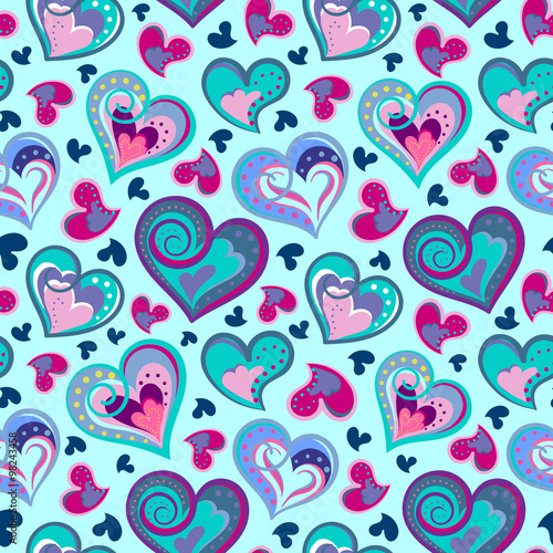 Hand drawn doodle seamless pattern of hearts. Colofrul hearts on colored background. Vector illustration
