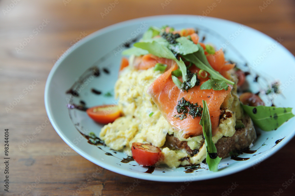 Scrambled eggs with smoked salmon and avocado Scrambled eggs with smoked salmon and avocado
