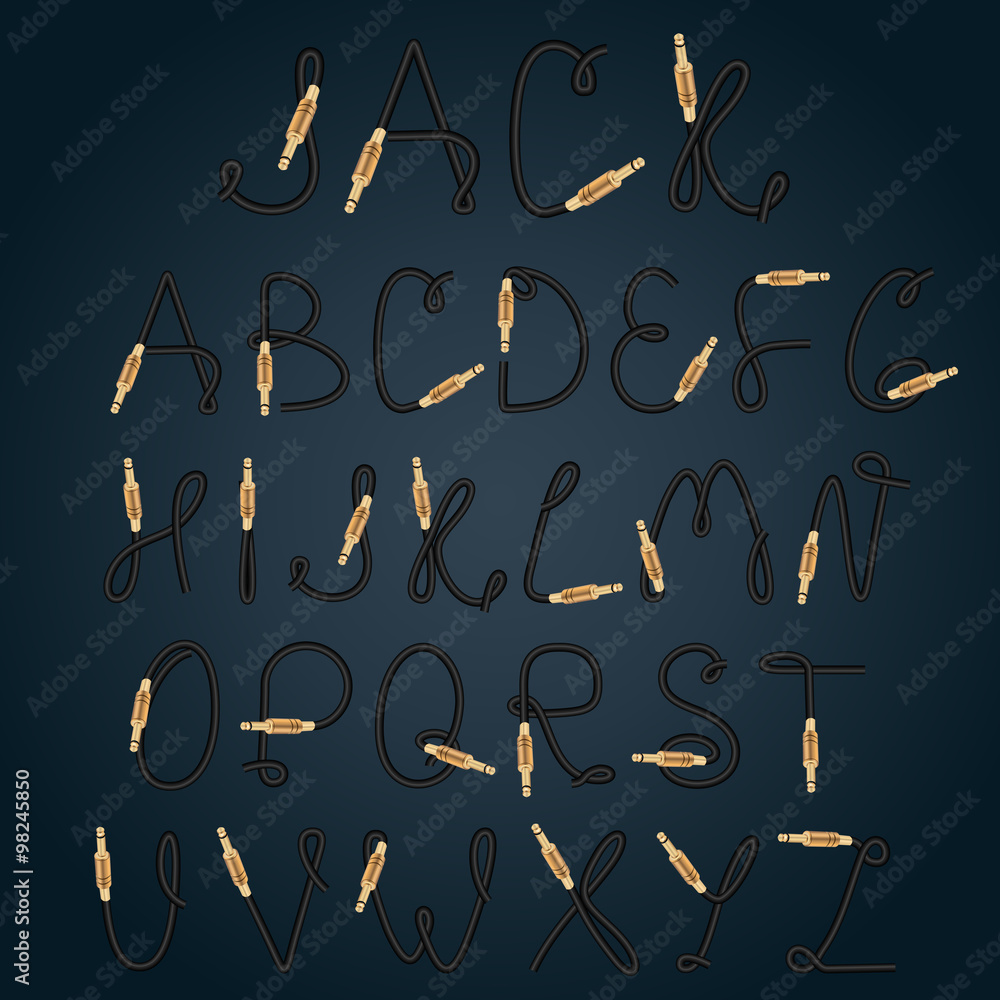 Obraz premium Guitar jack alphabet. Music equipment font. Vector illustration