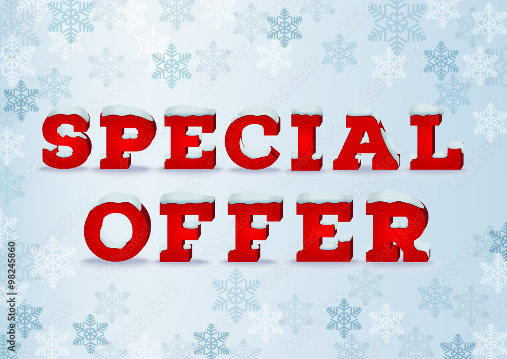 Special offer inscription design template in 3d style on blue background with snowflakes. EPS 10 vector illustration Special offer inscription design template in 3d style on blue background with snowflakes. EPS 10 vector illustration