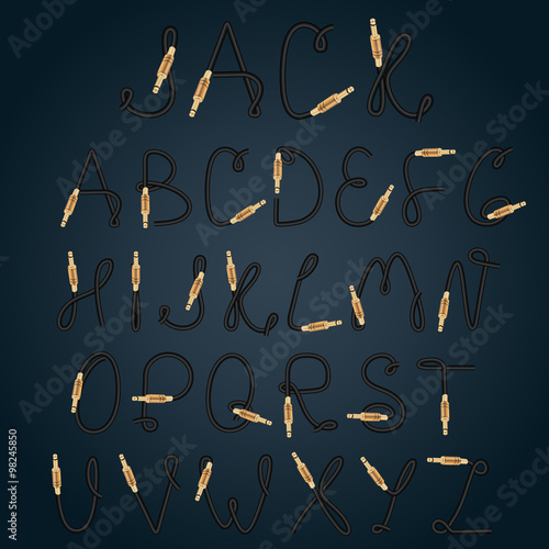 Guitar jack alphabet. Music equipment font. Vector illustration