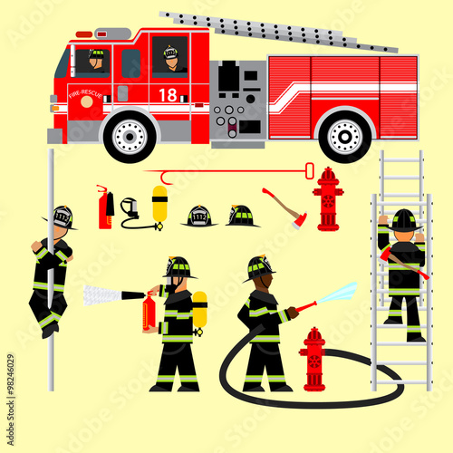 fire truck and fireman, fire brigade, team, attributes, sets fire brigade, rescue, vector graphics. EPS 8.