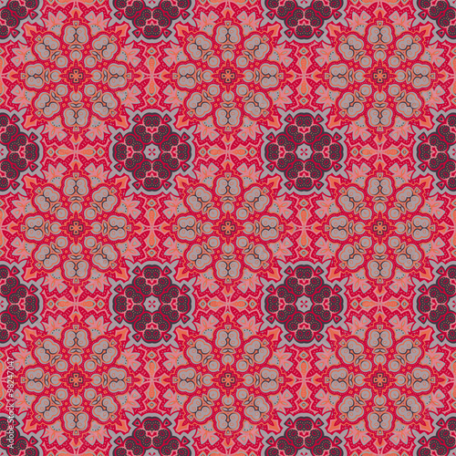 Seamless vector colorful pattern. East ornament colorful details on the turquoise background. Tracery of mandalas for textile