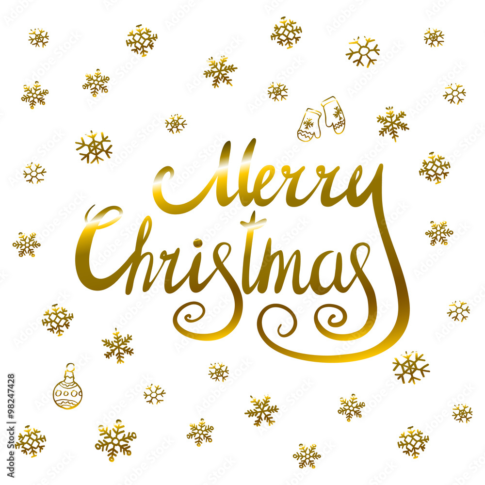 Naklejka premium Merry Christmas - gold glittering lettering design with snowflakes pattern