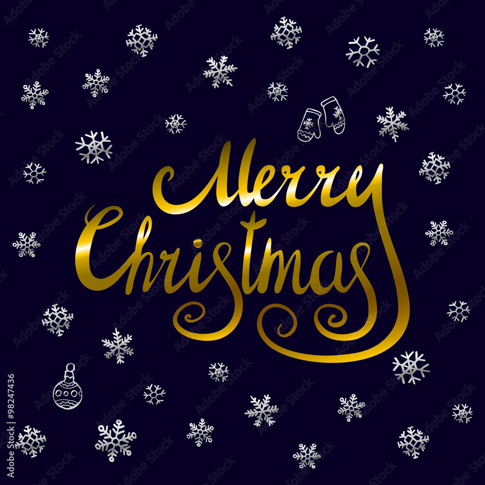 Merry Christmas - gold glittering lettering design with snowflakes pattern