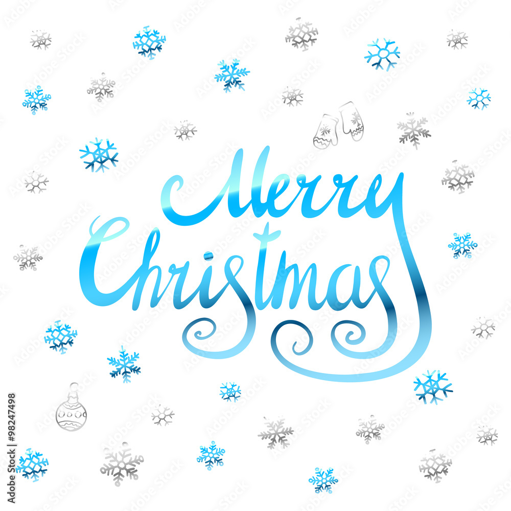 Merry Christmas - blue glittering lettering design with snowflakes pattern