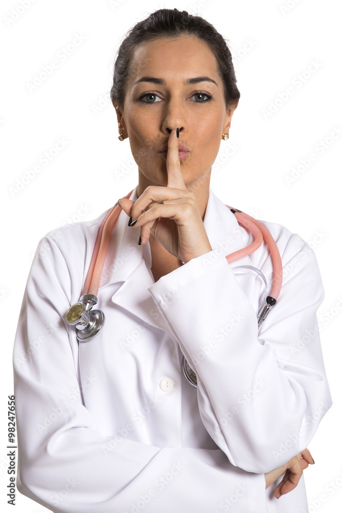 Serious doctor woman making silence sign over white background - obrazy, fototapety, plakaty 