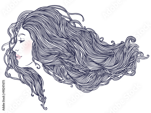 Portrait of pretty young woman in profile view with long beautif