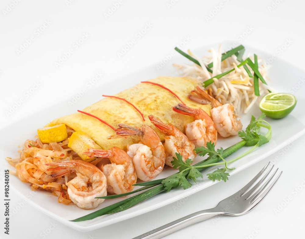 Shrimps with omelette isolated on white