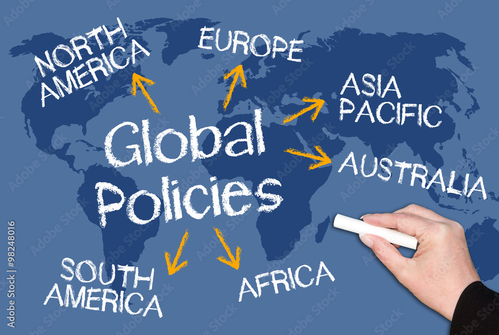 Global Policies - business concept on world map background with female hand and text Global Policies - business concept on world map background with female hand and text