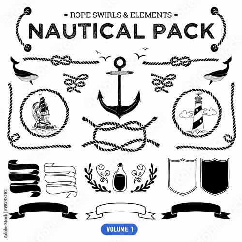 Vector pack of nautical elements. Rope swirls, logos and badges. photo