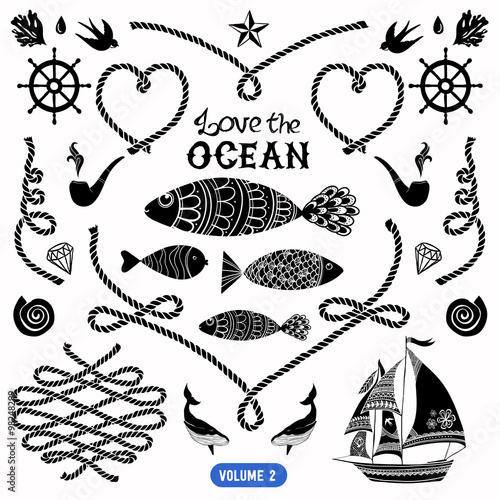 Vector pack of nautical elements. Rope swirls, logos and badges.
